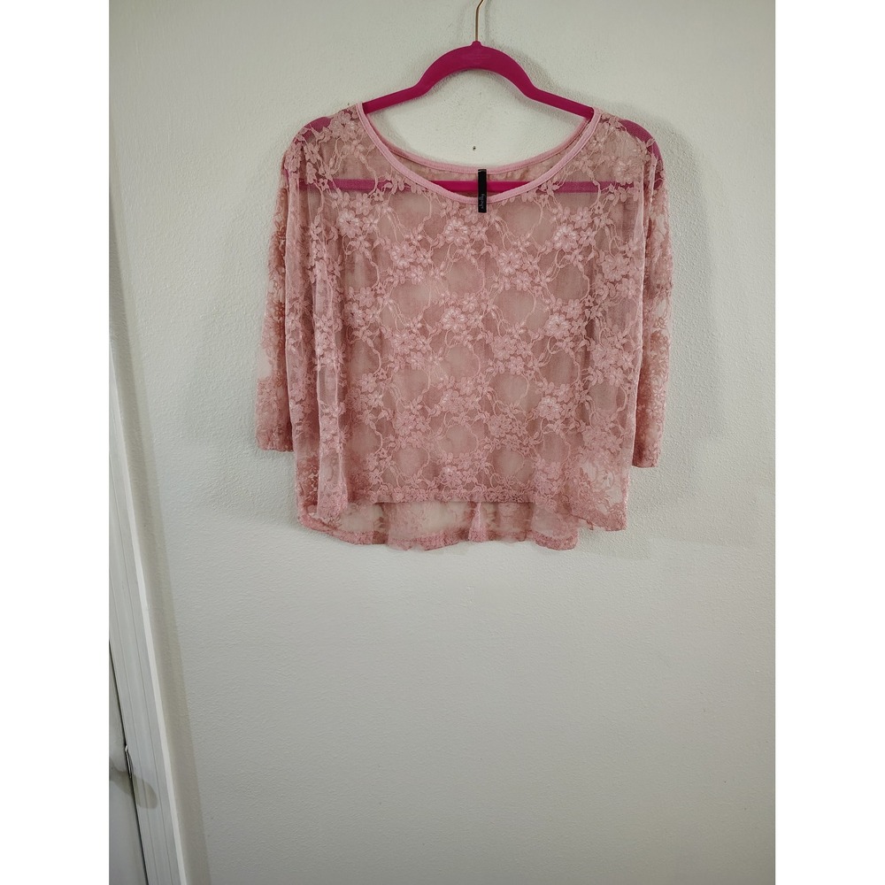 Shelly Pink Floral Lace Sheer 3/4 Sleeve Top Medium Style 30220